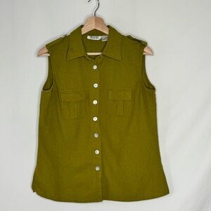 Vintage Olive Green Safari / Military Style Sleeveless Button-Up Blouse